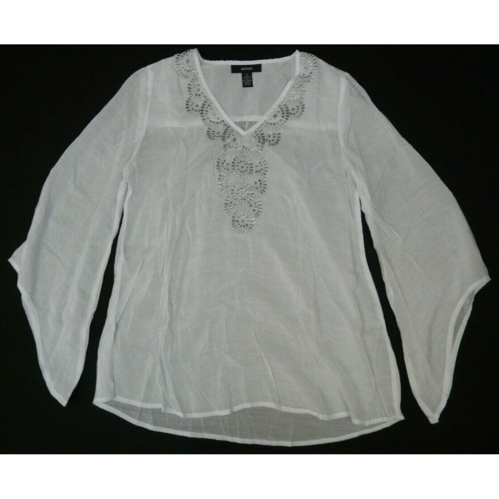 Alfani Blouse Womens 4 White Top Shirt Embellished‎ Angel Sleeves Romantic Boho